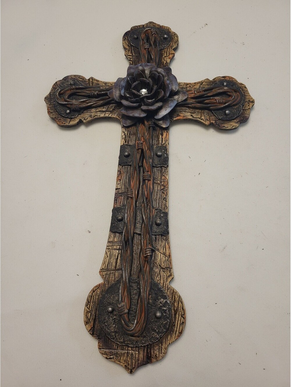 Rustic Wooden Wall Cross with Metal Rose Accent 16"x10"